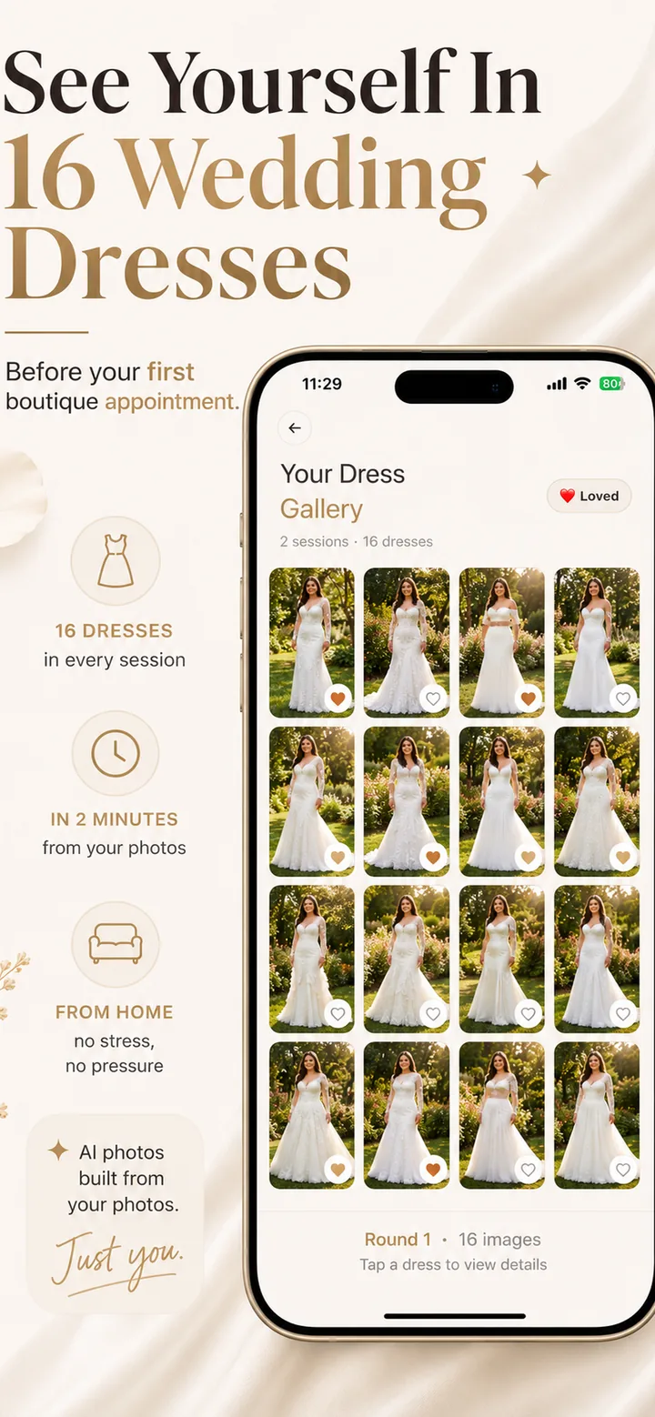 Bride View: a gallery of sixteen generated wedding dress looks, each one able to be saved as a favorite.