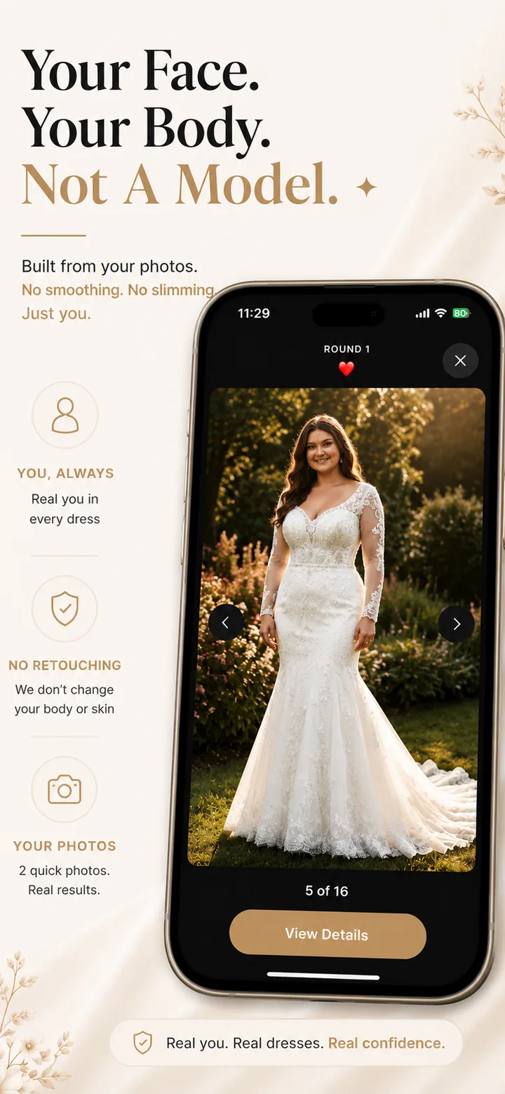 Bride View: a generated look shown full screen, built from the user's own face and body with no retouching.